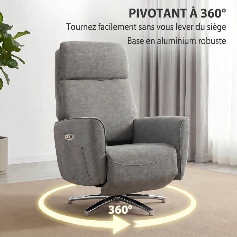 HOMCOM Fauteuil Relax Électrique Pivotant 360°, Fauteuil Inclinable avec Appui-Tête Réglable, Ports USB, Tissu en Lin, Gris