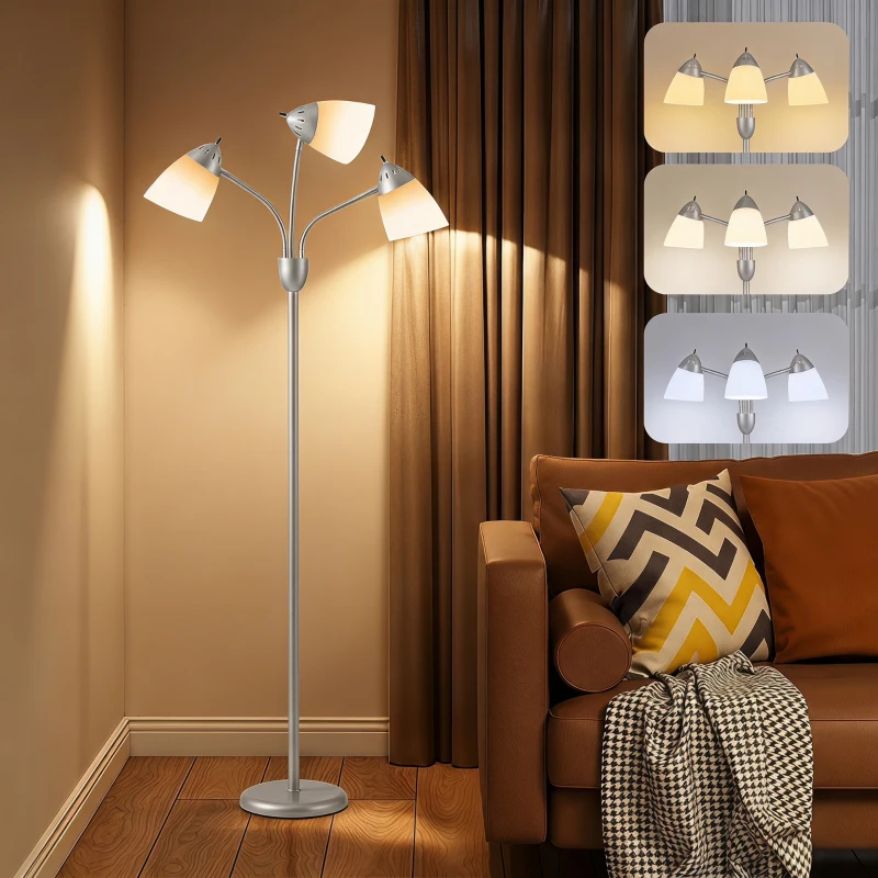 HOMCOM Arc Tree Floor Lamp with 3 Adjustable Rotating Lights and 3000K/4500K/6500K Colour Temperatures, Silver Tone