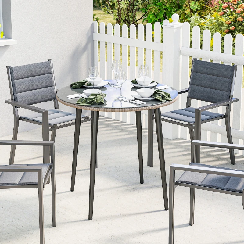 Outsunny Mesa de Comedor de Jardín con Tablero de Vidrio Templado con Borde de Ratán Estructura de Acero 80x80x74 cm Gris