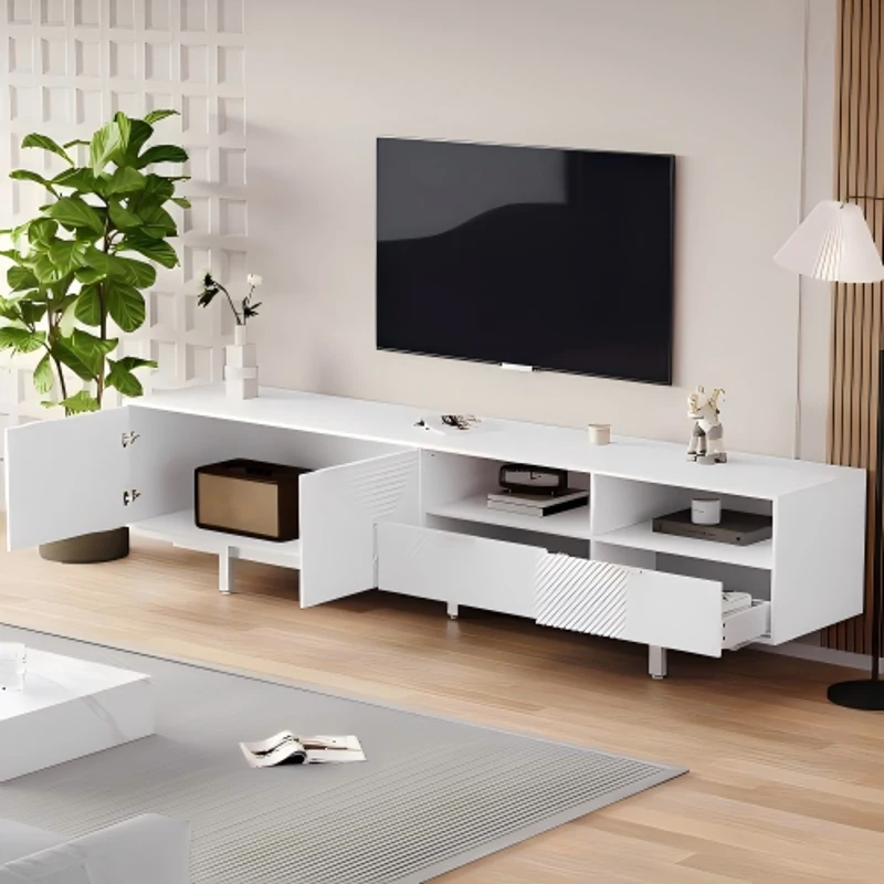 Modern Bohemian TV Entertainment Center with Cabinet and Drawers, Geometric Lines TV Stand for 90 Inch TVs, 200L x 40W x 51H cm, White
