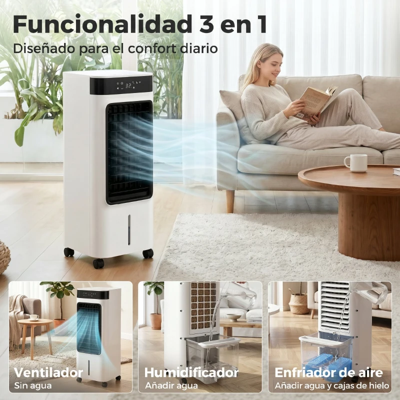 HOMCOM Climatizador Evaporativo 3 en 1 con Depósito de 7 L Oscilación 48° 3 Velocidades 3 Modos Temporizador 24h Blanco
