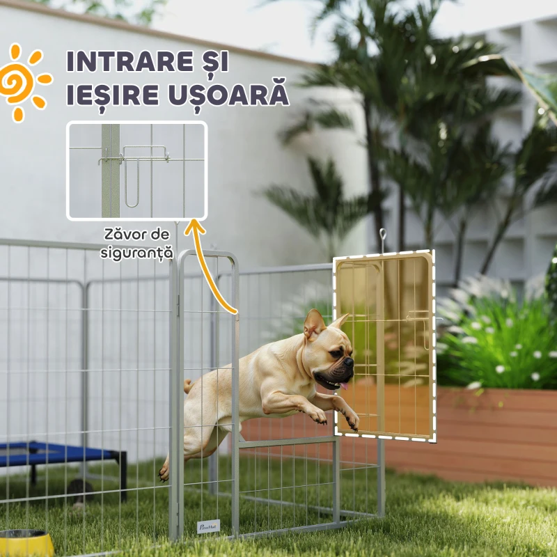 PawHut Țarc pentru Câini cu 8 Panouri Modulabile, Pliabil, cu Ușă din Oțel, Înălțime 80 cm, Argintiu