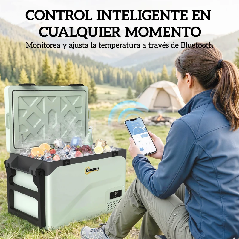 Outsunny Nevera Portátil Eléctrica 42,5L con Compresor Control por App Ruedas Asa Barra -20℃ a 20℃ y Soporte para Móvil Verde