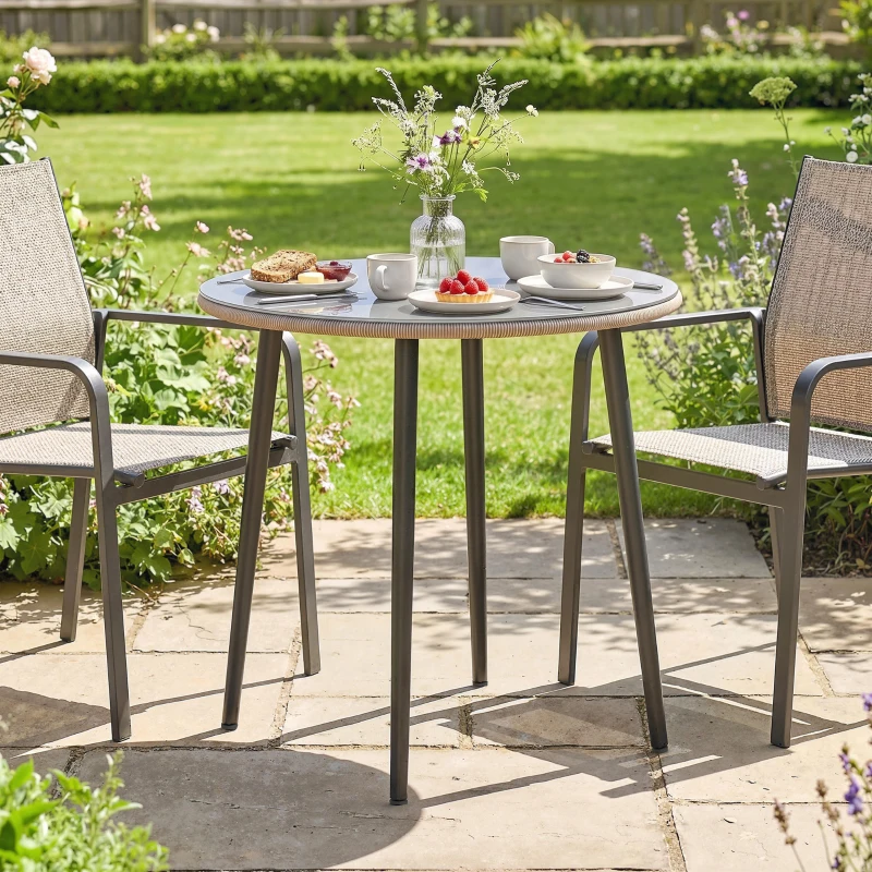 Outsunny Mesa de Comedor de Jardín con Tablero de Vidrio Templado con Borde de Ratán Estructura de Acero 80x80x74 cm Gris