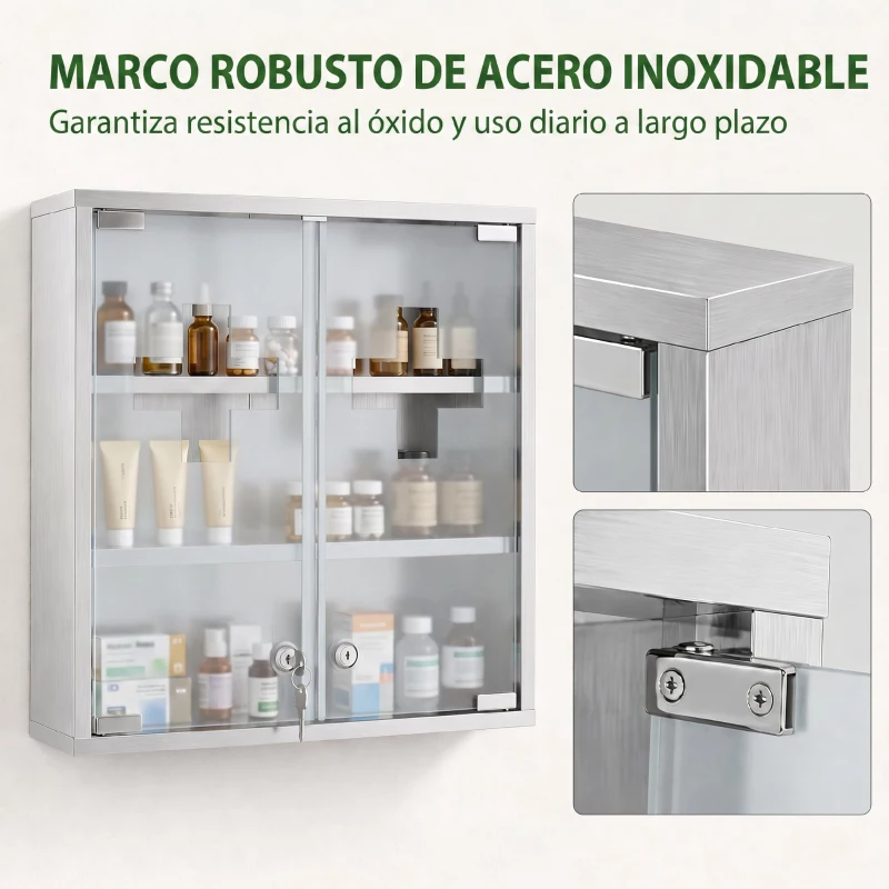 HOMCOM Botiquín de Pared con Cerradura Puertas de Cristal Estantes y 2 Llaves para Baño Cocina 46x12x48 cm Plateado