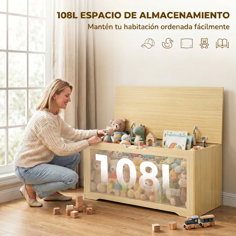 HOMCOM Baúl de Almacenaje 108L Banco de Almacenaje con Panel de Ratán Tapa Brazos de Soporte para Recibidor 80x40x45cm Roble