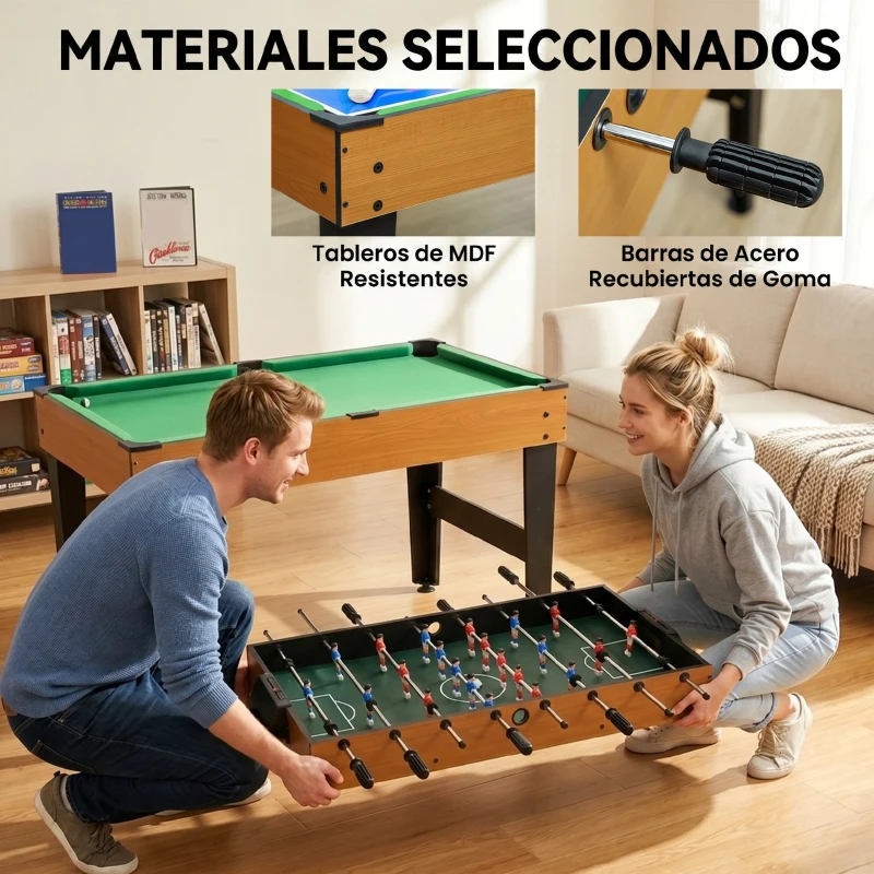 HOMCOM Mesa Multijogos 4 em 1 com Matraquilhos Bilhar Hóquei de Mesa e Ping-pong para Crianças e Adultos 107x61x84,5 cm Natural