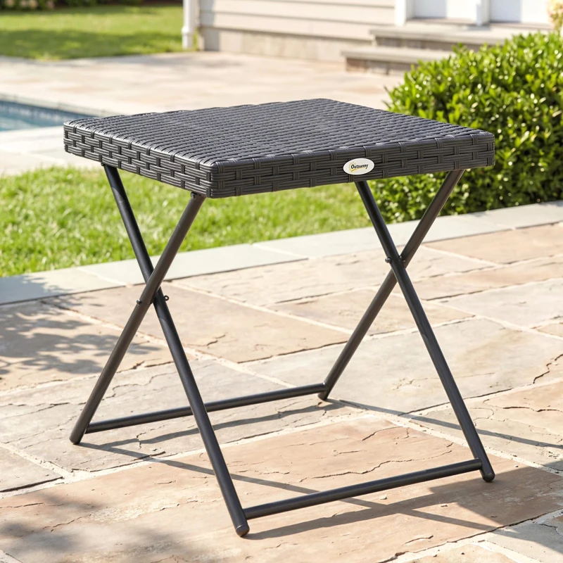 Outsunny Table basse pliable de jardin style cosy chic dim. 40L x 40l x 40H cm acier résine tressée noir