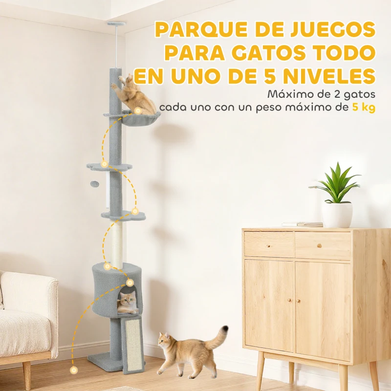 PawHut Árbol para Gatos de Piso a Techo Altura Ajustable 220-240cm con Hamaca Plataformas en Flor Cuevas Rampa Bola Gris Claro