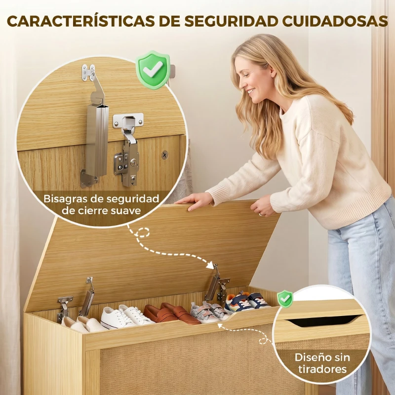 HOMCOM Baúl de Almacenaje 108L Banco de Almacenaje con Panel de Ratán Tapa Brazos de Soporte para Recibidor 80x40x45cm Roble
