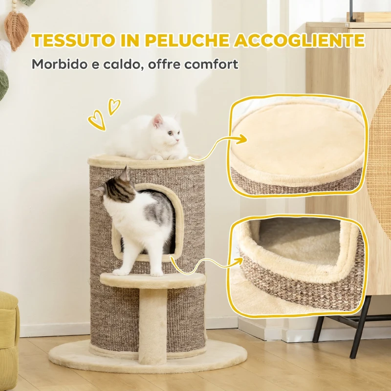 PawHut Torre per Gatti a 2 Livelli con 2 Nascondigli, Piattaforma, Superficie in Sisal, 60x60x 61 cm, Beige e Marrone