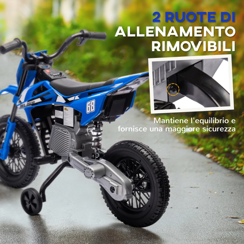 AIYAPLAY Moto Elettrica per Bambini con Rotelle Rimovibili, Sospensioni, Suoni e Indicatore di Carica, Blu