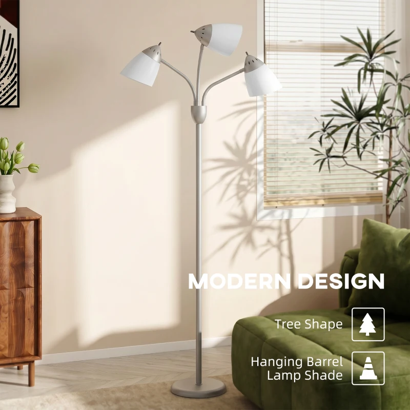HOMCOM Arc Tree Floor Lamp with 3 Adjustable Rotating Lights, Industrial Standing Lamp with Steel Frame, Silver Tone