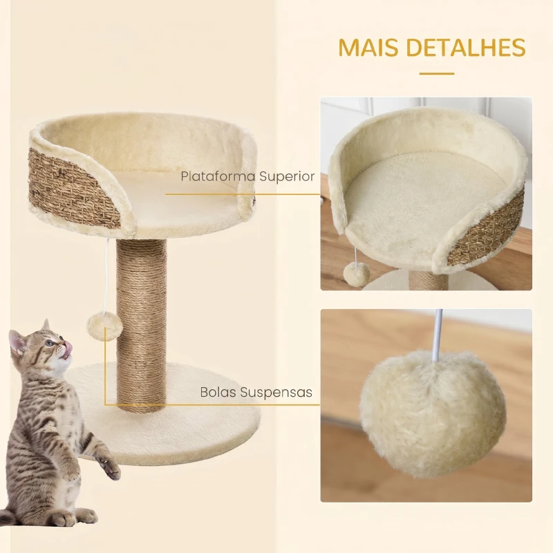 PawHut Arranhador para Gatos Pequeno 49 cm com Poste em Juta, Cama e Bola Pendente, 40x40x49 cm, Bege