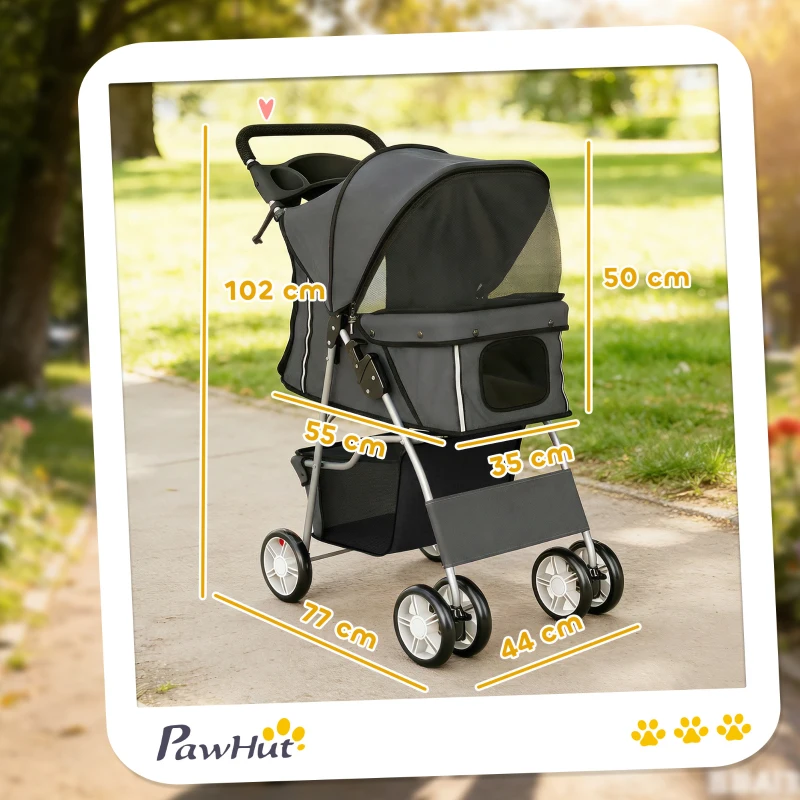 PawHut Dog Pram, Pet Stroller with Reflective Strips, Foldable Cat Stroller with 360° Swivel Wheels, Dark Grey