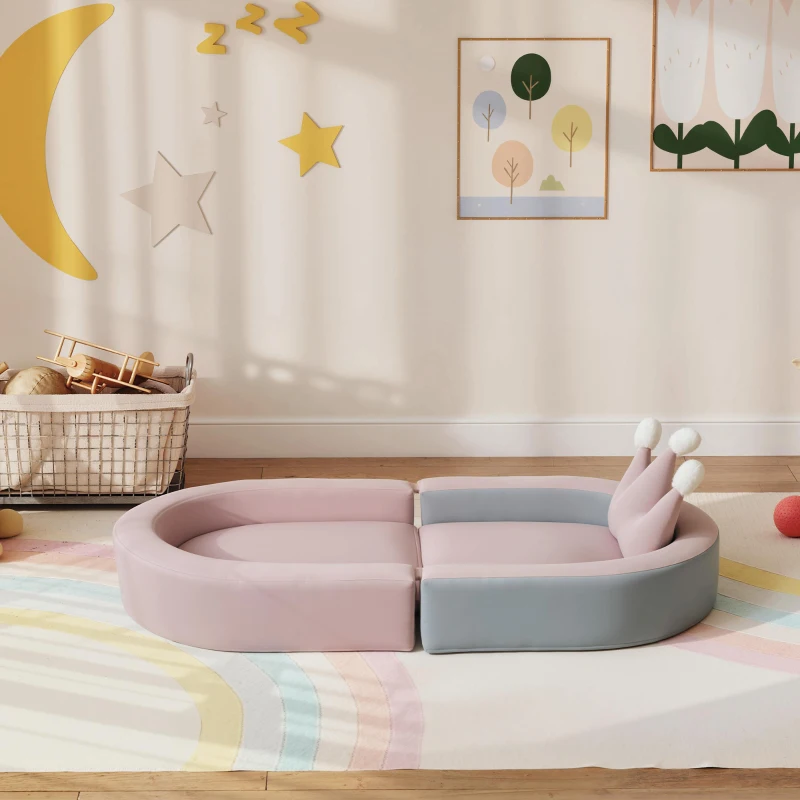 AIYAPLAY Sofá Infantil Convertible en Cama y Zona de Juego con Cojín de Corona 116x61x14 cm Rosa y Azul Grisáceo