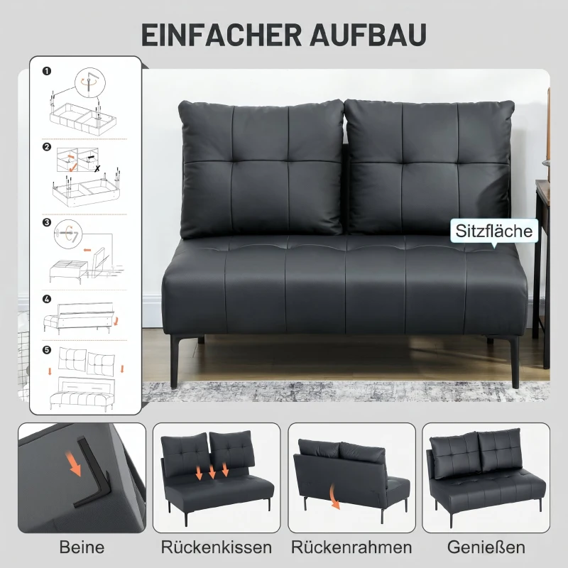 HOMCOM Canapea 2 Locuri din Piele Ecologică Fără Brațe, Matlasată cu Nasturi, 115x73x83 cm, Neagră