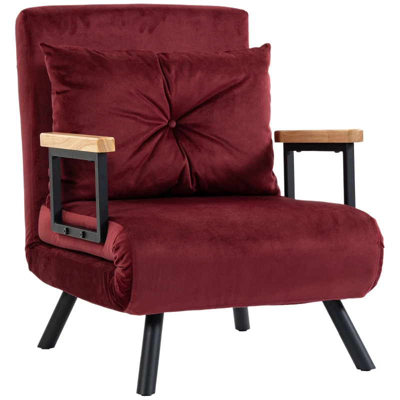 HOMCOM Poltrona Letto Imbottita 3 in 1 con Schienale Reclinabile in 5 Posizioni e Cuscino, 63x73x81 cm, Rosso Vino