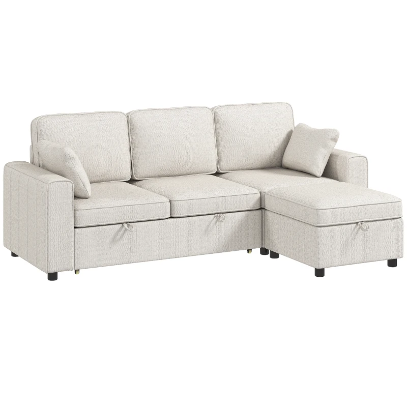 HOMCOM Eck-Schlafsofa aus Chenille, Modulares 3‑Sitzer-Schlafsofa 225 cm mit Aufbewahrungs-Pouf, Beige
