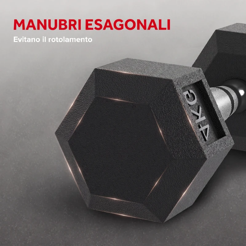 HOMCOM Set di 2 Manubri da 4 kg Esagonali con Presa Antiscivolo e Rivestimento in Gomma, Nero