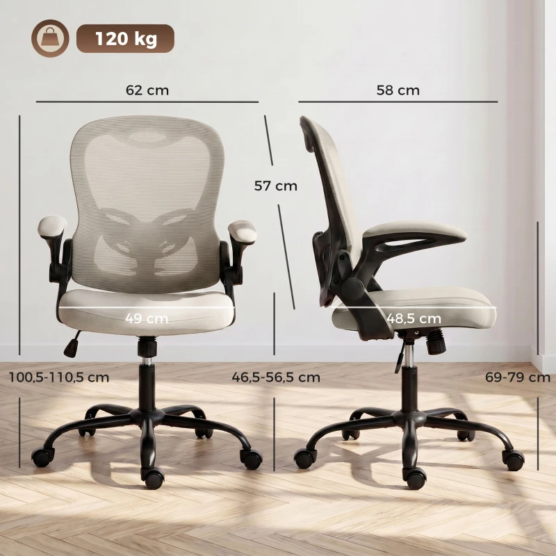HOMCOM Cadeira de Escritório Ergonômica, Poltrona em Malha, Braços Rebatíveis, Altura Ajustável, Função de Inclinação, Bege