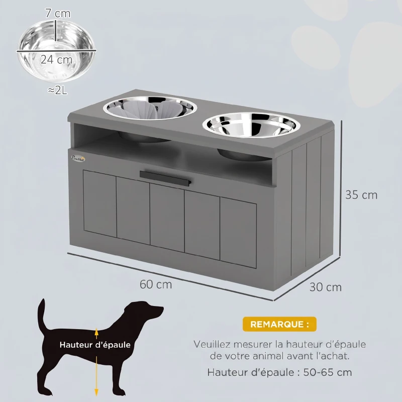 PawHut Gamelle Chien Surélevée avec Bols Anti-Glouton & Eau en Acier Inoxydable, Tiroir de Rangement, 60x30x35cm, Gris