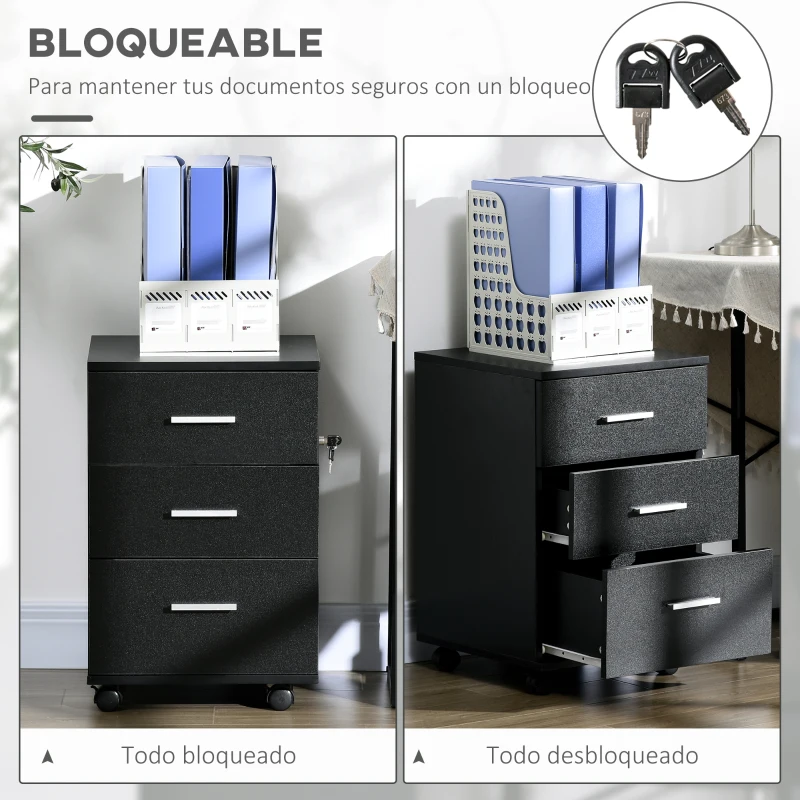 Vinsetto Cajonera de Escritorio con 3 Cajones Ruedas Cerradura 2 Llaves Archivador Móvil para Estudio Salón 40x40x61,5 cm Negro
