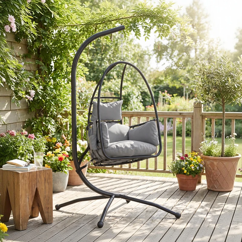 Outsunny Hanging Egg Chair, Indoor Outdoor Swinging Hammock Chair with Stand, Foldable Basket, Side Pocket, Dark Grey