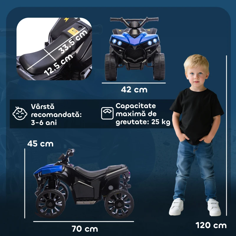 AIYAPLAY Quad Electric pentru Copii ATV cu Baterie Reîncărcabilă 6V, Faruri LED și Muzică, Vârsta 18-56 Luni, Albastru