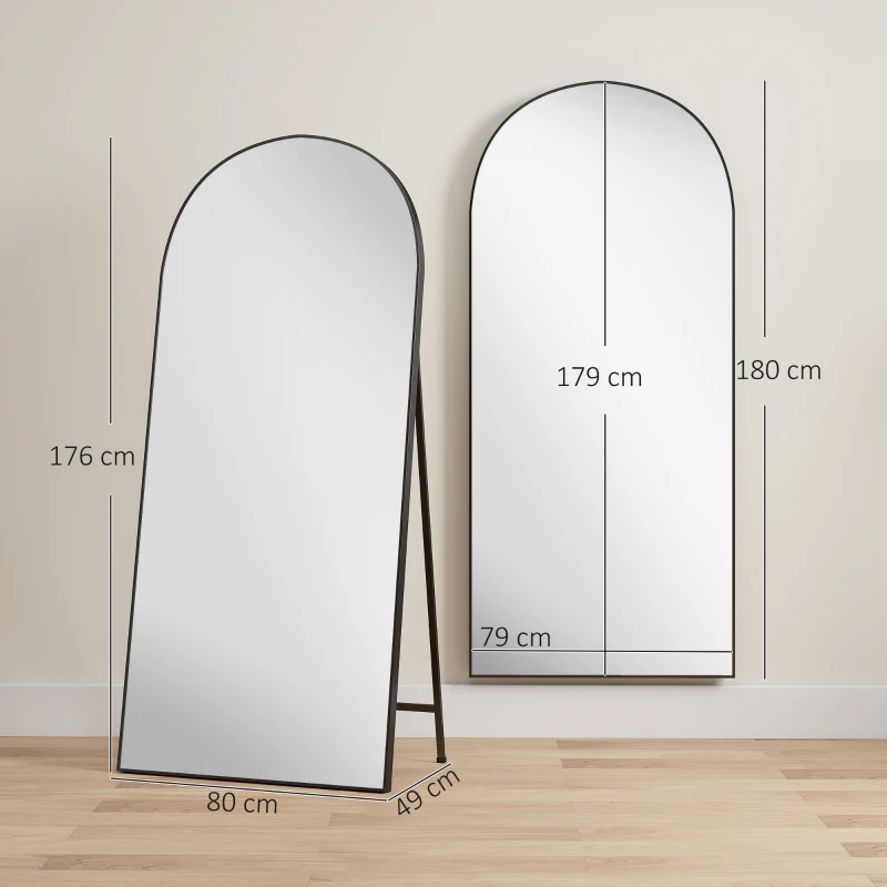 HOMCOM Espejo de Cuerpo Entero 180x80 cm Marco de Aluminio Independiente Apoyado y de Pared Negro
