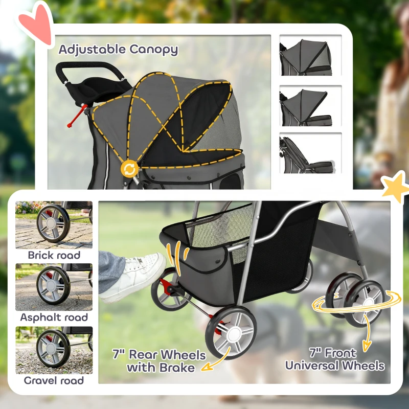 PawHut Dog Pram, Pet Stroller with Reflective Strips, Foldable Cat Stroller with 360° Swivel Wheels, Dark Grey