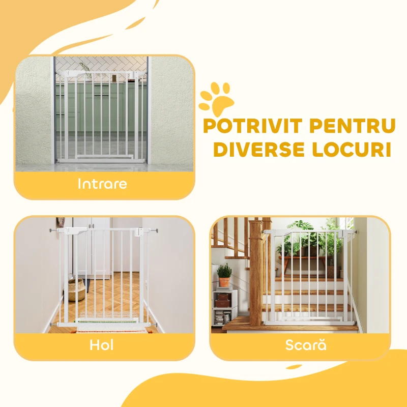 PawHut Poartă de Siguranță pentru Copii și Animale, Închidere Automată și Montaj prin Presiune, 76-82x76 cm, Albă