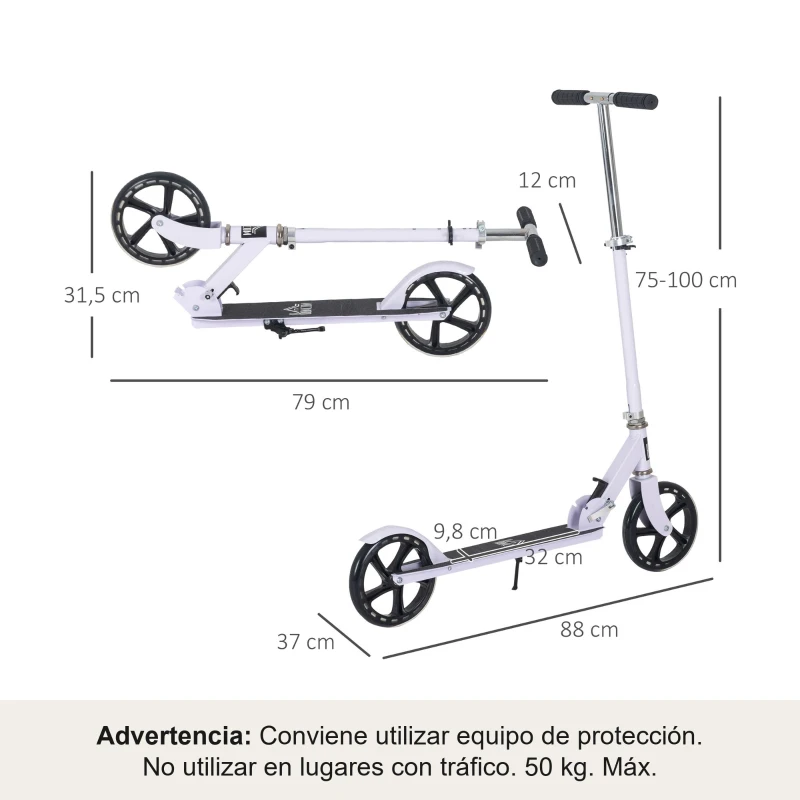 HOMCOM Patinete Plegable para Niños de 7-14 Años Scooter Infantil Manillar Ajustable en Altura de 4 Niveles con Freno Blanco