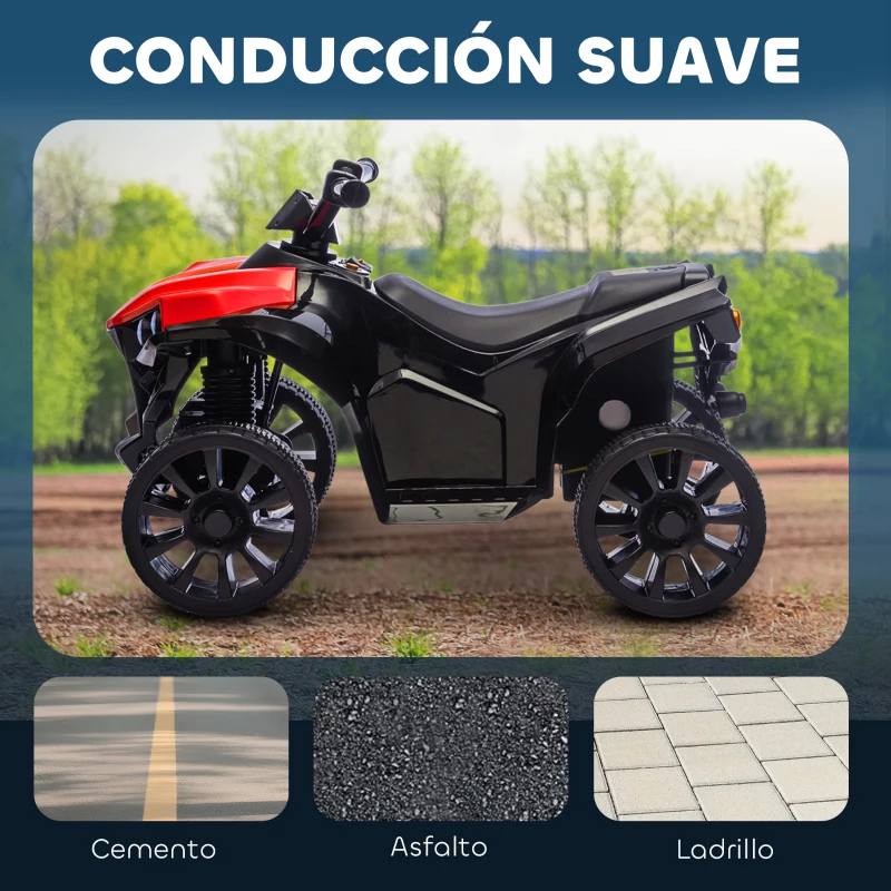 AIYAPLAY Quad Eléctrico para Niños 6 V Quad para Niños de 18 a 56 Meses Velocidad hasta 3 km/h Faros y Música 70x42x45 cm Rojo