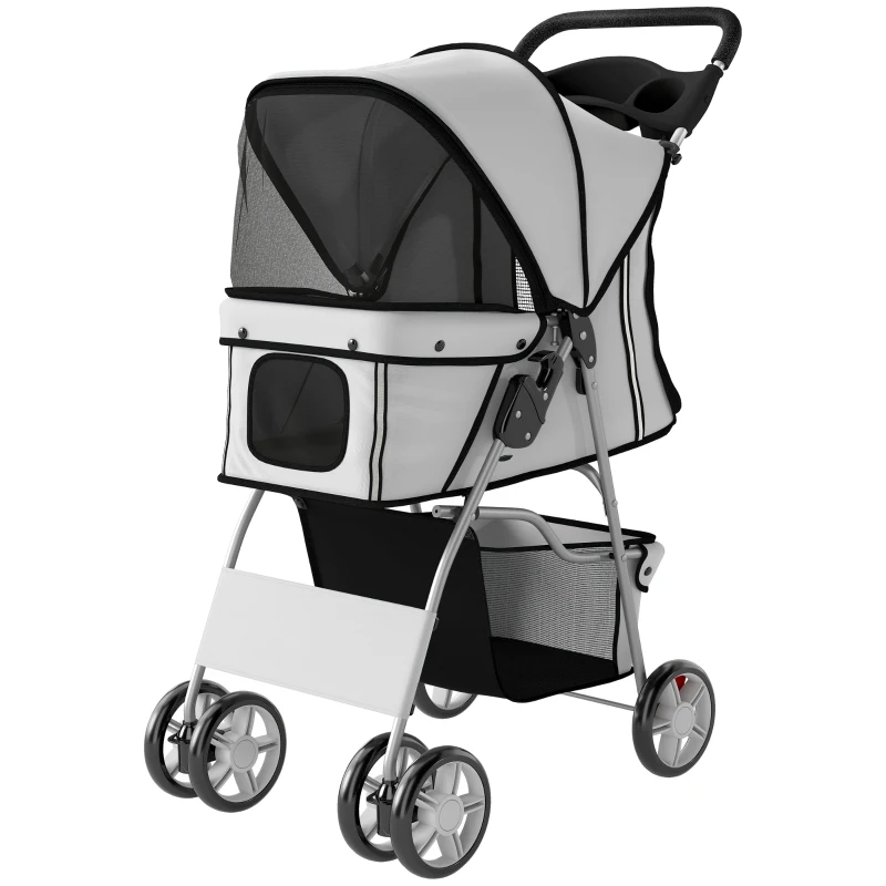 PawHut Dog Pram, Pet Stroller with Reflective Strips, Foldable Cat Stroller with 360° Swivel Wheels, Grey
