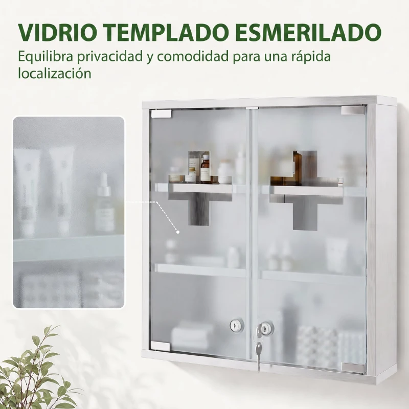 HOMCOM Botiquín de Pared con Cerradura Puertas de Cristal Estantes y 2 Llaves para Baño Cocina 46x12x48 cm Plateado