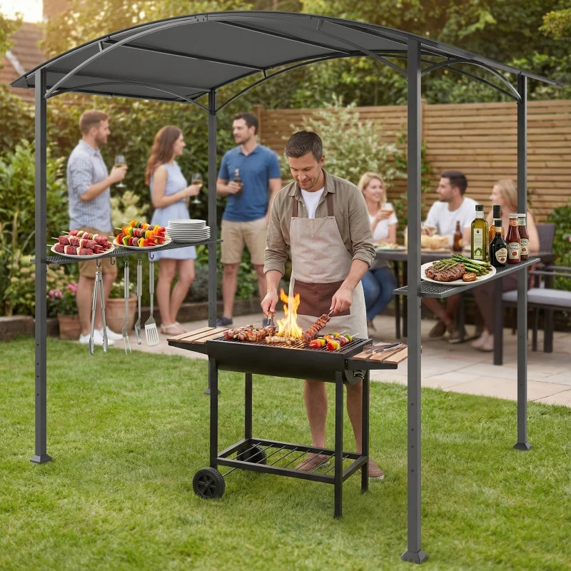 Outsunny Cenador para Barbacoa de 2,4 x 1,5 m Cenador de Pérgola Exterior con 2 Estantes Laterales y Ganchos Gris Oscuro