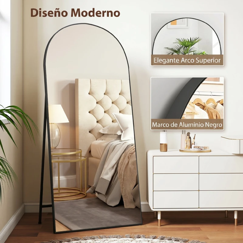HOMCOM Espejo de Cuerpo Entero 180x80 cm Marco de Aluminio Independiente Apoyado y de Pared Negro