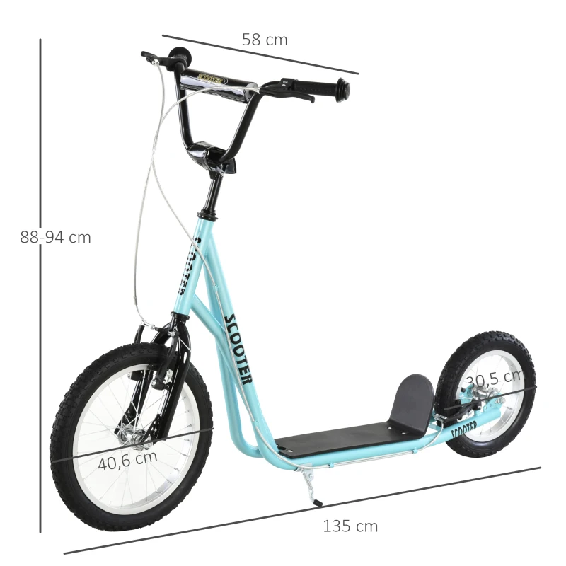 HOMCOM Scooter Patinete para Niños Mayores de 5 Años con 2 Neumáticos de Caucho Inflable con Doble Freno Manillar Ajustable en Altura Soporte 100 kg 135x58x88-94 cm Azul