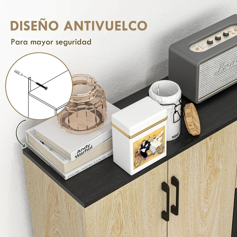 HOMCOM Aparador de Salón Estrecho con 2 Puertas 2 Cajones Estante Ajustable 90x30x75,5 cm Natural y Negro