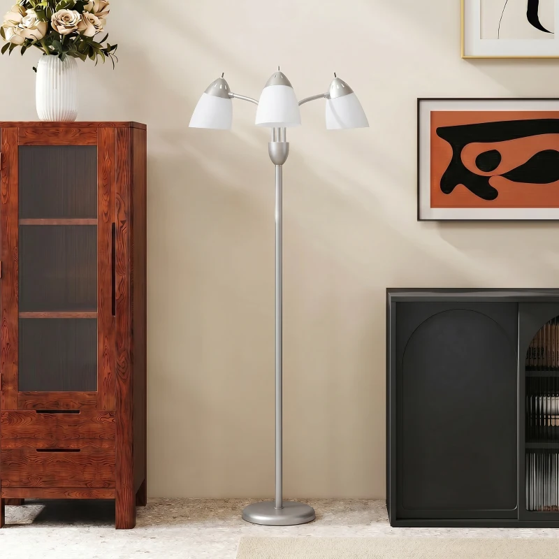 HOMCOM Arc Tree Floor Lamp with 3 Adjustable Rotating Lights, Industrial Standing Lamp with Steel Frame, Silver Tone