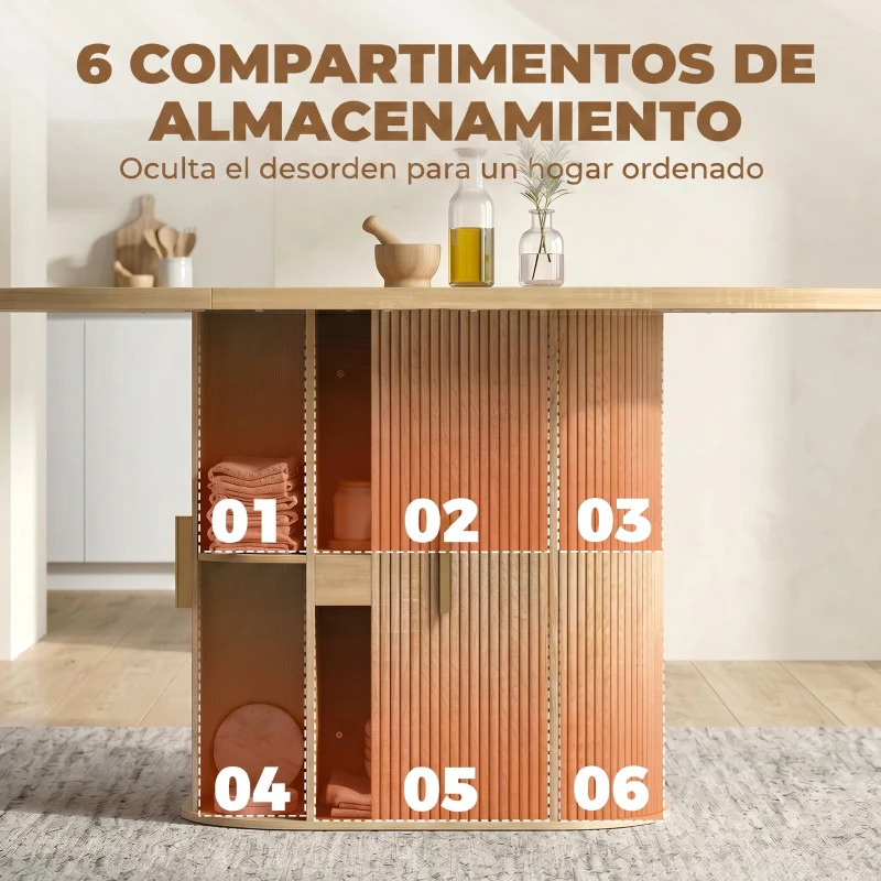 HOMCOM Mesa de Comedor Ovalada para 6 Personas con Tablero Grueso Puertas Correderas Tipo Persiana 6 Compartimentos Roble