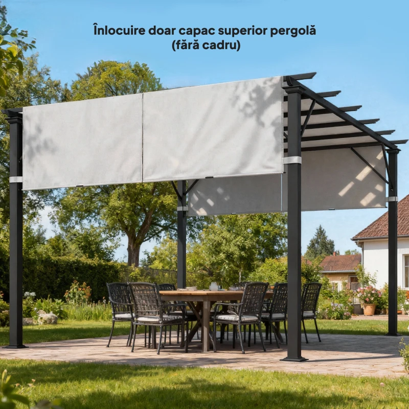 Outsunny Prelată Pergolă Foișor 3x3 m cu Buzunare și Curele pentru Bare, din Poliester, 488x122 cm, Gri Deschis