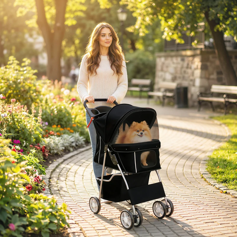 PawHut Dog Pram, Pet Stroller with Reflective Strips, Foldable Cat Stroller with 360° Swivel Wheels, Black