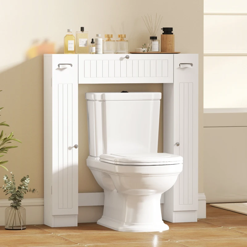 HOMCOM Mueble sobre Inodoro con 2 Armarios Cajón Abatible Portapapeles y Estantes Ajustables 88x18x98 cm Blanco
