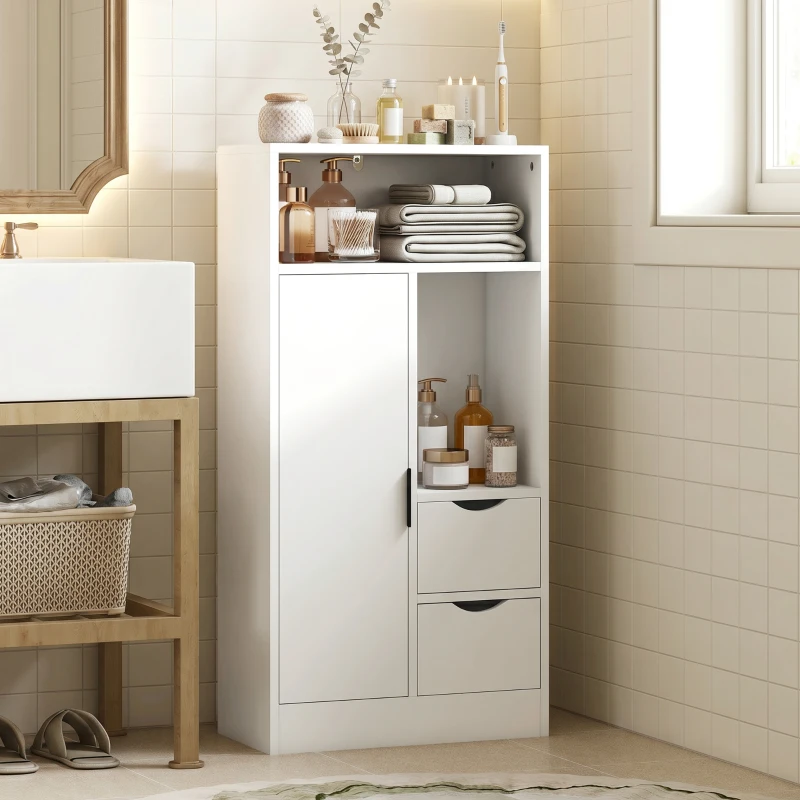 HOMCOM Armario de Baño con 2 Cajones Compartimento Abierto y Estantes Ajustables para Espacio Pequeño 50x25x100 cm Blanco