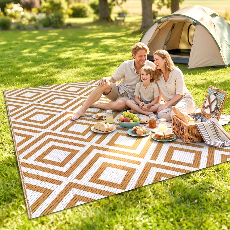 Outsunny Alfombra Exterior Reversible 182x274 cm de Plástico Impermeable para Terraza Patio Camping Playa Rojo y Blanco