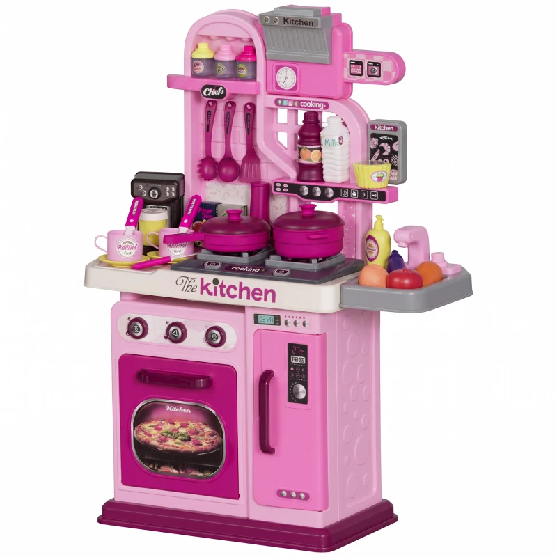 AIYAPLAY Cucina Giocattolo per Bambini da 33 Pezzi con Luci, Suoni e Rubinetto, in PP e ABS, 53x22x69 cm, Rosa