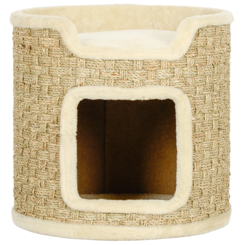 PawHut Ansamblu de Zgâriat pentru Pisici, 37 cm, 2 Niveluri, cu Ascunzătoare și Sfoară din Sisal, până la 5 kg, Kaki