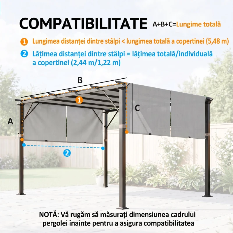 Outsunny Prelată Pergolă Foișor 3x3 m cu Buzunare și Curele pentru Bare, din Poliester, 488x122 cm, Gri Deschis